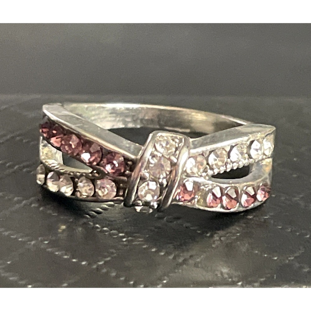 Rhinestone Bow Statement Ring Size 10 Pink Clear Silver Tone Cocktail Chunky